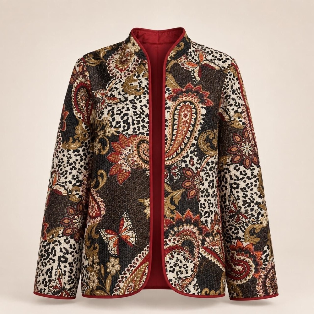 Alfred Dunner Size 12 Quilted Paisley Butterfly Jacket Red Multi Open Front